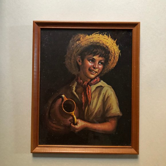 Country boy print on board wood frame small boy straw hat water jar wall hanging - Picture 1 of 5